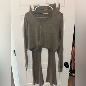 Boutique stone washed waffle crop top hoodie and flare pant set.